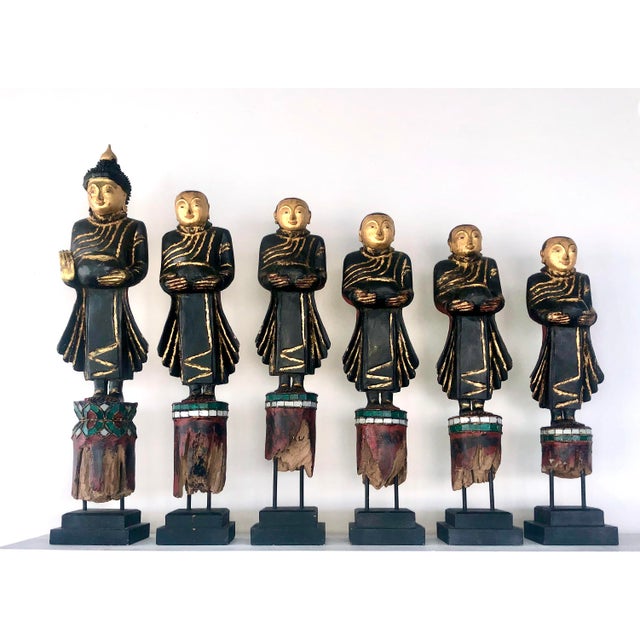 Set of Six Antique Burmese Mandalay-Style Lacquered Wood Buddhist Temple Figures For Sale - Image 13 of 13