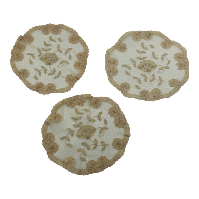 Vintage Ecru Round Belgian Lace Doilies- Set of 3 For Sale