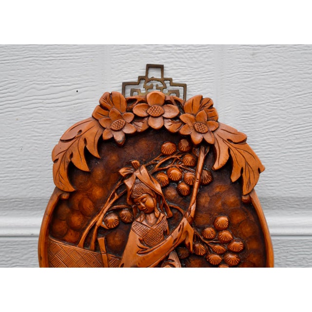 Vintage Chinese Hand Carved Wood Wall Plaque High Relief Asian Woman Flower Art For Sale In Philadelphia - Image 6 of 13