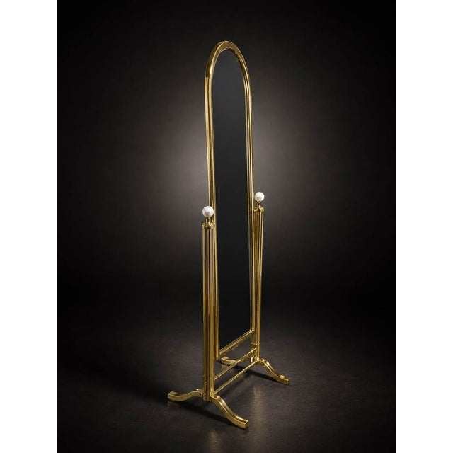 Late 20th Century Vintage Hollywood Regency Brass-Tone Cheval Floor Mirror With Porcelain Knobs For Sale - Image 5 of 5
