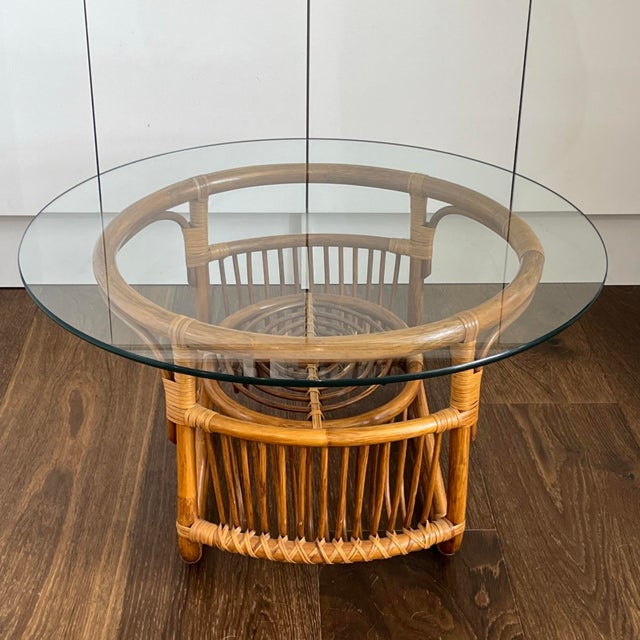 Vintage MCM Rattan Coffee Table 30" Round Glass Top Franco Albini Style Boho Item Specifics Style: Mid-Century Modern /...