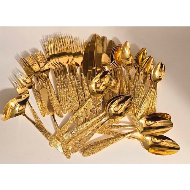 Mid-Century Hollywood Regency Gold Floral Flatware- Set of 72 For Sale - Image 17 of 18