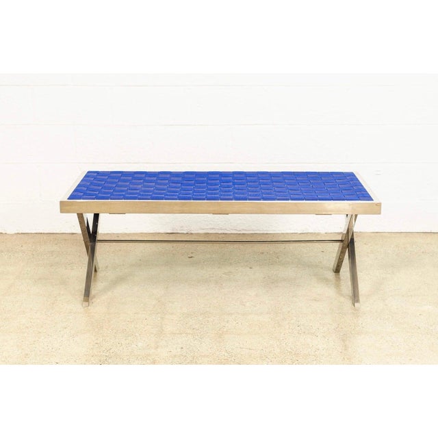 Mid Century Modern Chrome and Blue Strap Bench Milo in Baughman Style For Sale - Image 4 of 10