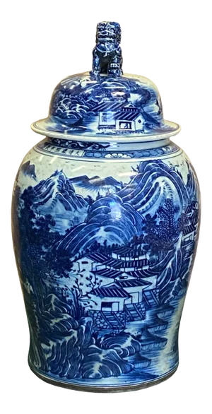 Chinese Large Blue & White Scenery Porcelain General Temple Jar