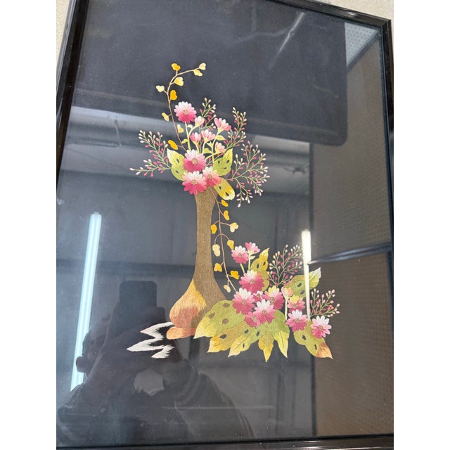 Asian Vintage Asian Needlepoint on Black Silk Hand Made Floral Art Framed 25x19 For Sale - Image 3 of 5
