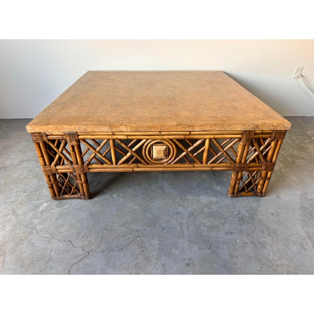 Vintage Monumental Chinoiserie Fretwork Bamboo & Leather Coffee Table With Tessella Top/Sold For Sale - Image 10 of 12