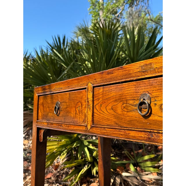 1970s Antique Chinese Ming Style Solid Elm Writing Desk or Console Table With Original Ring Pulls For Sale - Image 5 of 6