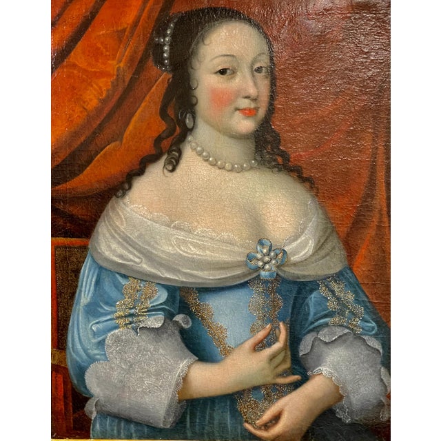 17th Century Portrait Painting of a Woman in Blue With Pearls, Framed ...