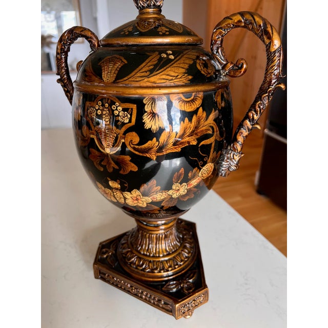 1990s Elegant Timeless Black and Gold Ornate Traditional Grecian Urn, 17" Tall For Sale - Image 4 of 10