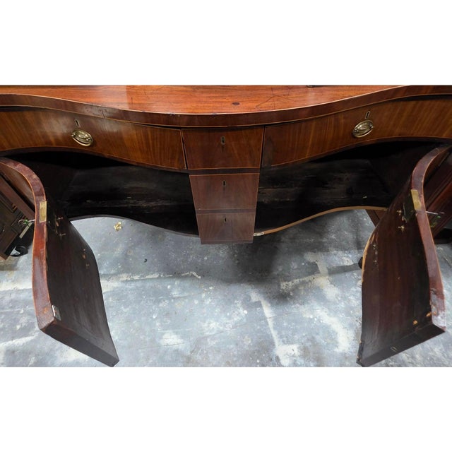 English George III Hepplewhite Serpentine Mahogany Sideboard W/Solid Slab Top Faux Drawer Fronts, Concealed Twin Cabinets & Side Access Door,1790–1805 For Sale - Image 16 of 18