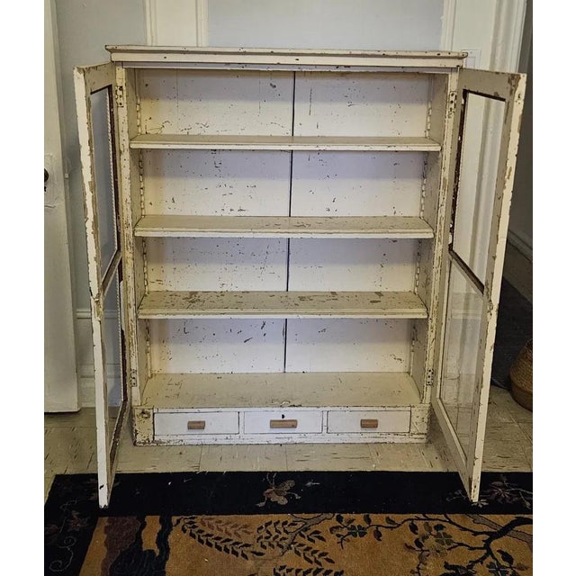 Farmhouse Antique French Hand-Painted Bookcase/Cabinet - Distressed White, Beaded Trim, Double Door For Sale - Image 3 of 8