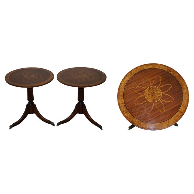Burr Walnut Marquetry Inlay Side Tables, Set of 2 For Sale