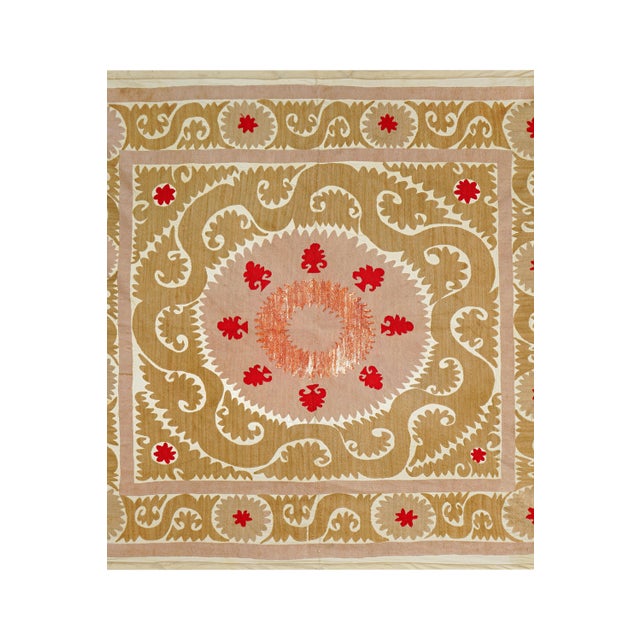 Textile Boho Medallion Suzani Tapestry | Pink, Terracotta & Teal Floral Motif Wall Decor 4'4'' X 4'10'' For Sale - Image 7 of 10
