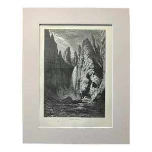 Antique 1874 Wood Engraving "Tower Falls", Yellowstone, WY in 11x14 Mat