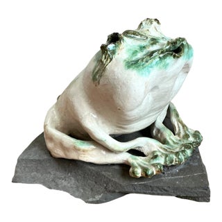 Vintage Ceramic Frog Sculpture on Stone Base For Sale