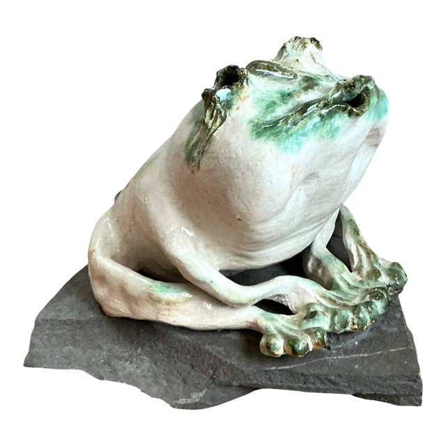 Vintage Ceramic Frog Sculpture on Stone Base For Sale