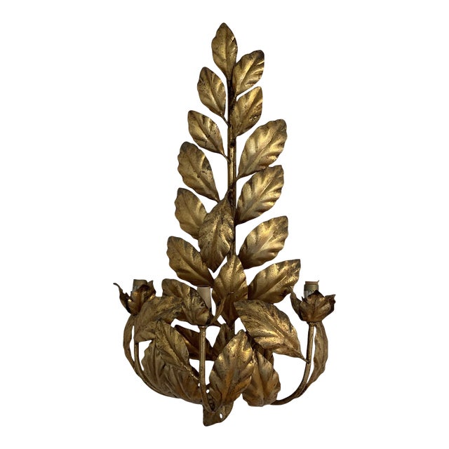 Vintage Gold Gilded Leaf Three Arm Sconce For Sale