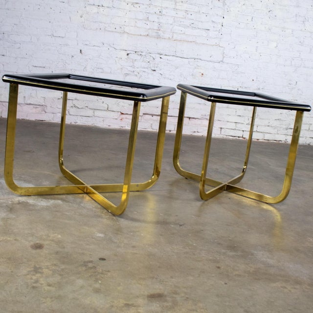 Brass Late 20th Century Modern End or Side Tables 1 Rectangle & 1 Square W/Glass Inset Tops & Brass Plate Bases For Sale - Image 8 of 18