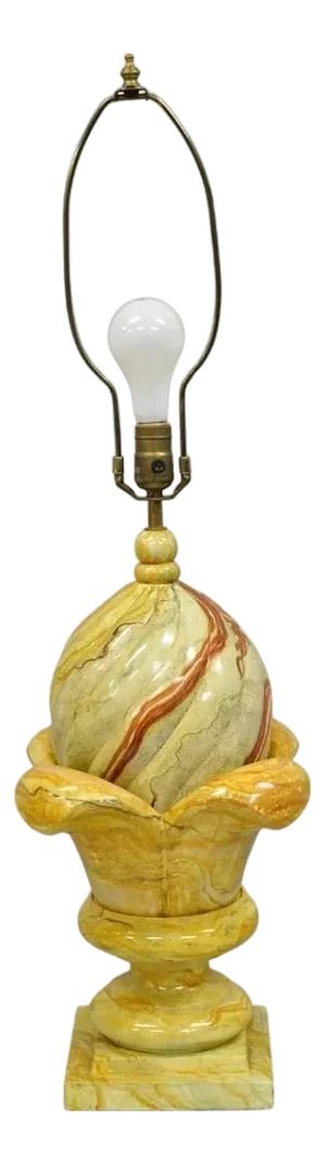 Vintage Hollywood Regency Faux Marble Orange Lacquered Wood Artichoke Table Lamp