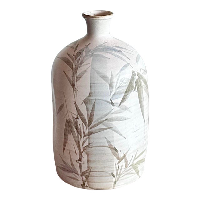 Vintage Ceramic Japanese Hand Painted Sake Bottle With Bamboos Motif For Sale