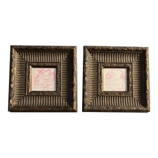 1980’s 2 Original Wayne Cunningham Small Pink Abstract Ink Drawings Chunky Gold Frame-A Pair For Sale