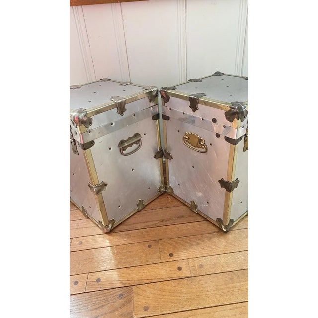 Vintage Campaign Chests Trunks Pair Silver Metal Industrial For Sale - Image 14 of 17