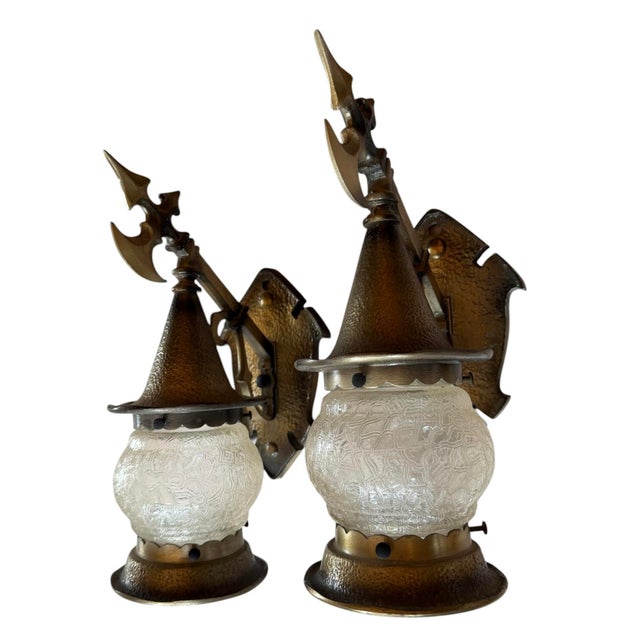 What a great pair of outdoor wall sconces. If you live in a castle they would also look great indoors! Original patina of...