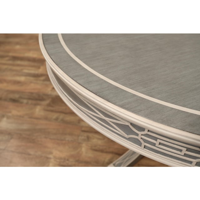 48" Round Blue and Light Gray Center Table With Fret Apron by Theodore Alexander Morning Center Table Ta55007 For Sale - Image 4 of 9