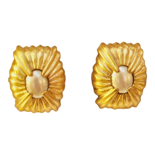 1970s Givenchy Vintage Large Matte Gold Carved Glass Pearl Earrings, 2 Pieces For Sale