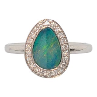 1ct Boulder Opal Ring W Diamond Accents in 14k Gold | Fancy Shape 9x7mm For Sale