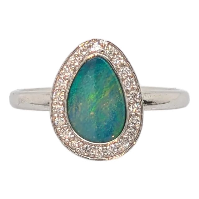1ct Boulder Opal Ring W Diamond Accents in 14k Gold | Fancy Shape 9x7mm For Sale