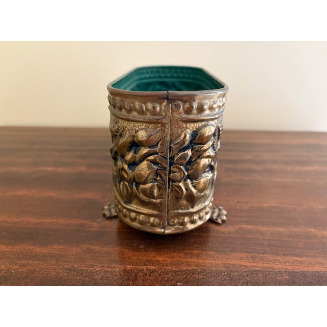English Brass Repoussé Rose Cachepot With Paw Feet, Mid-20th Century For Sale - Image 9 of 11