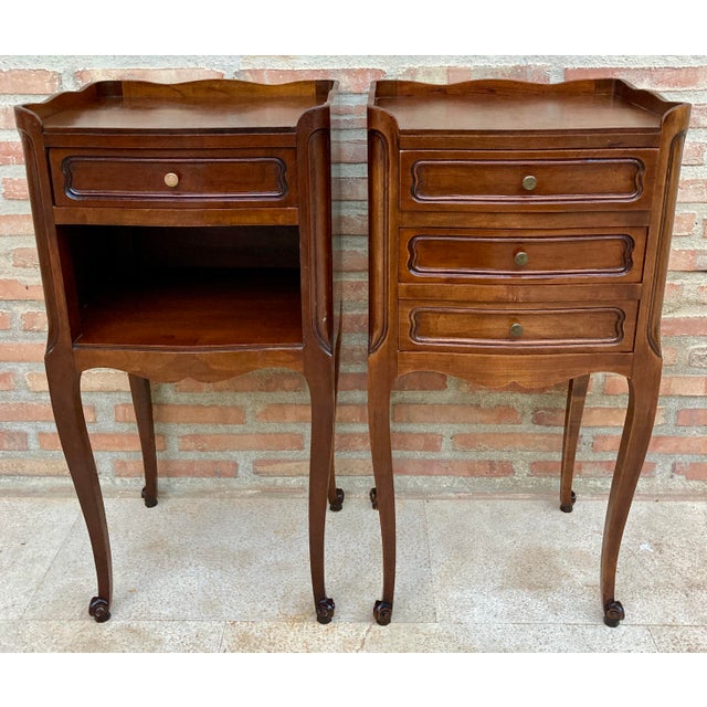 French Walnut Nightstand with Drawers and Shelf, 1950s, Set of 2 For Sale - Image 6 of 16