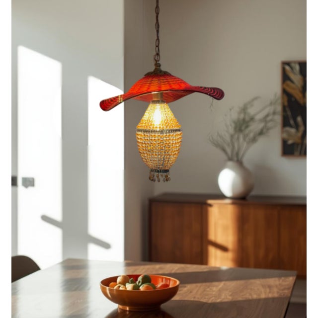 Red Murano Swirl Art Glass Shade and Amber Beads Pendant Lamp For Sale - Image 15 of 18