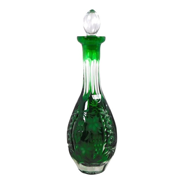 1950s Green Cut to Clear Decanter For Sale