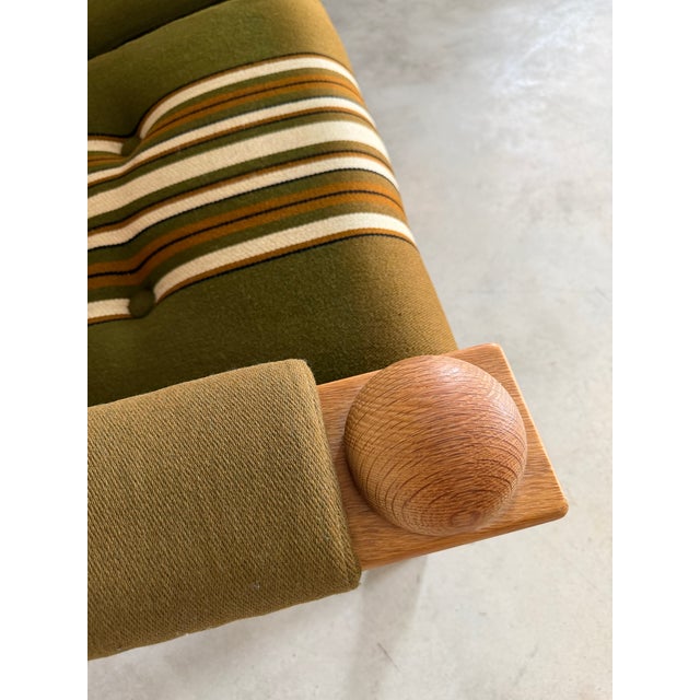 Scalloped Carved Turned Danish Oak Henning Kjærnulf Style Sofa Couch Olive Wool For Sale - Image 16 of 16