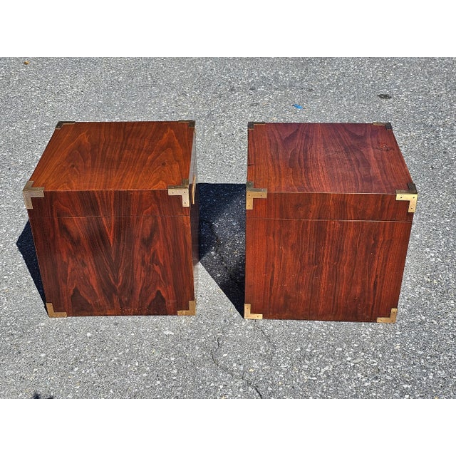 Pair of Mid Century Teak Campaign Style Cubical Side Tables Chests For Sale - Image 11 of 11