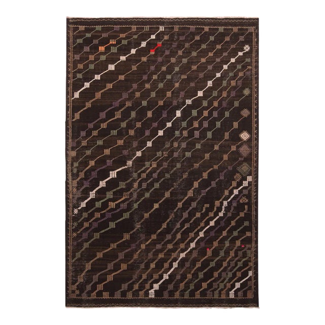 Vintage Midcentury Brown Purple/Green Wool Striped Kilim Rug by Rug & Kilim For Sale