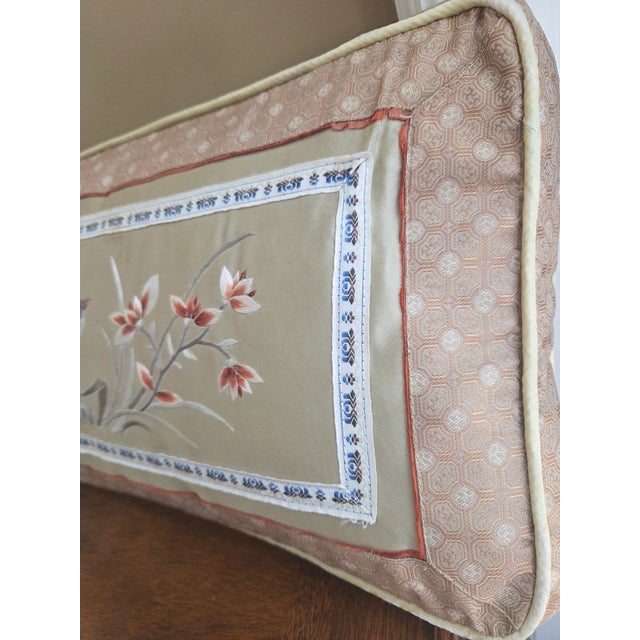 Vintage Bird Embroidered Chinese Silk Pillow For Sale - Image 4 of 11