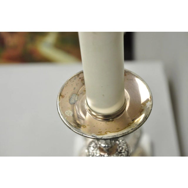 Mid 20th Century International Victorian Silver Plate Floral Repousse Candlestick Table Lamp Pair For Sale - Image 15 of 18
