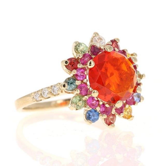 Contemporary 2.94 Carat Fire Opal Sapphire Diamond Yellow Gold Ring For Sale - Image 3 of 6