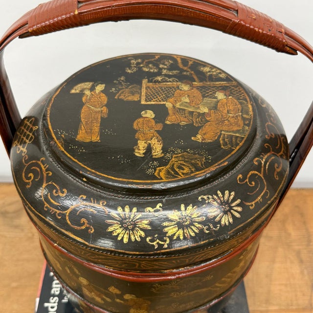 Black & Red Stacked Handpainted Wooden Basket with Handle For Sale - Image 17 of 18