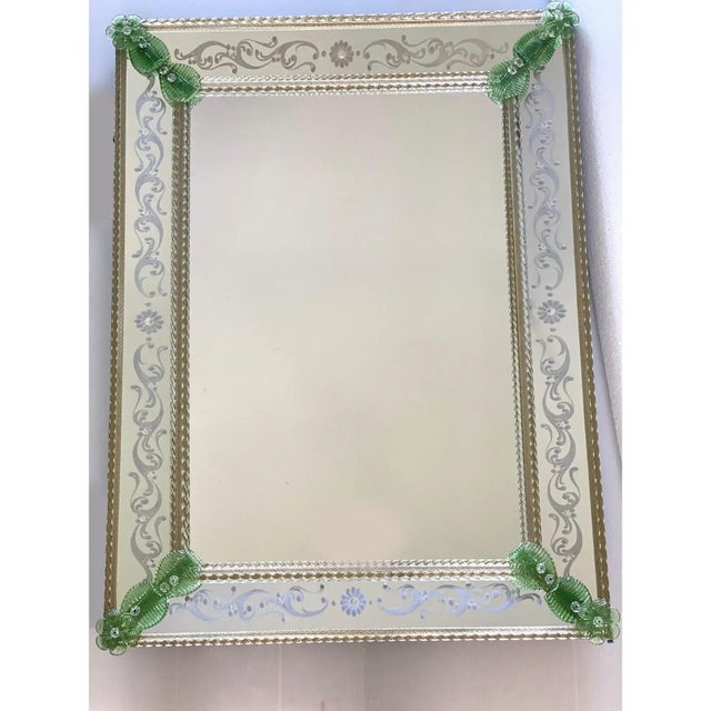 Contemporary Italian Rectangular Mirror in Murano Glass with Green Floral Carved Accents by Simoeng for Simoeng For Sale - Image 3 of 13