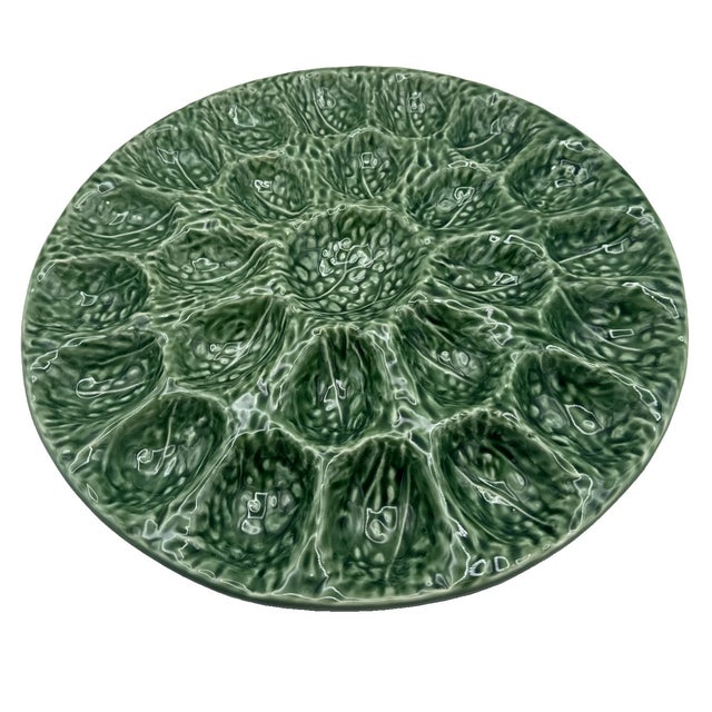 Farmhouse Vintage Olfaire Portugal Green Cabbage Leaf Deviled Majolica Egg Platter For Sale - Image 3 of 3
