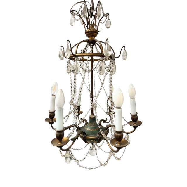 Louis XVI Glass Chandelier with Pearl Garland and Painted Sheet Metal For Sale