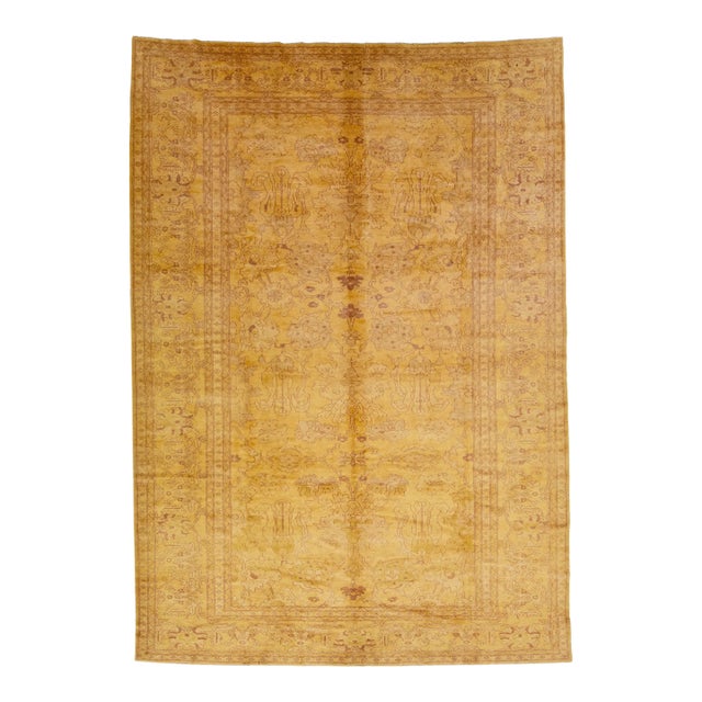 1960s Indian Vintage Wool Rug With Allover Floral Design in Goldenrod For Sale