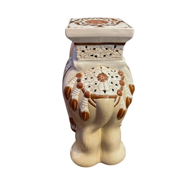 Hollywood Regency Vintage Beige Ceramic Elephant Garden Stool For Sale - Image 3 of 5