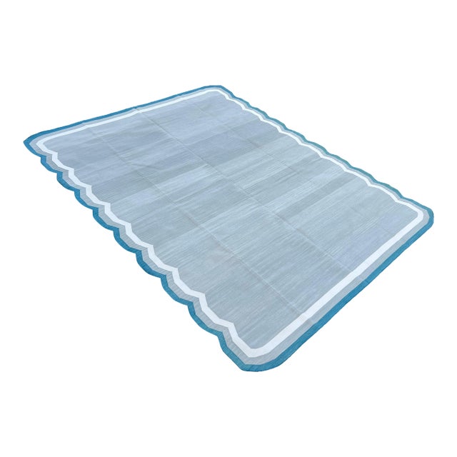 Handmade Cotton Scalloped Edge Rug, Light Grey, Cream & Teal Blue Border Dhurrie- 8'x10' For Sale