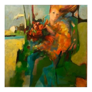 Doris Turner, Autumn Wind, Large American Modernist Oil Painting Woman with Flowers, c.1970