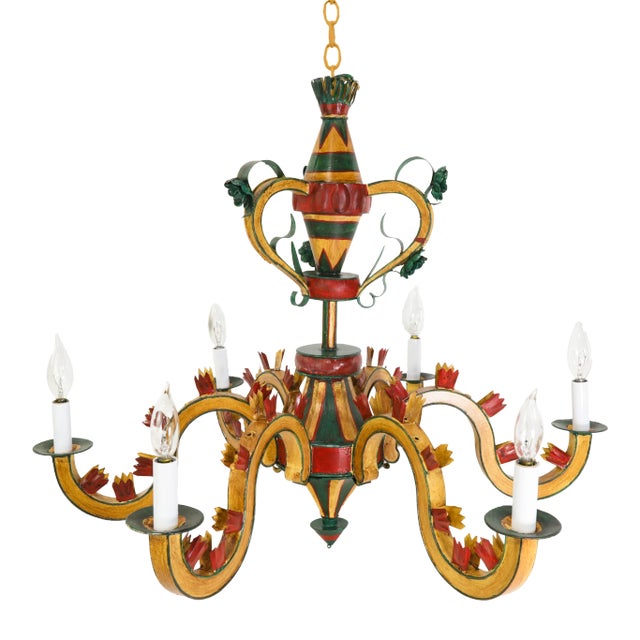 Vintage Six-Arm Tole Chandelier Hand-Painted in Gold, Green, and Red For Sale - Image 13 of 13